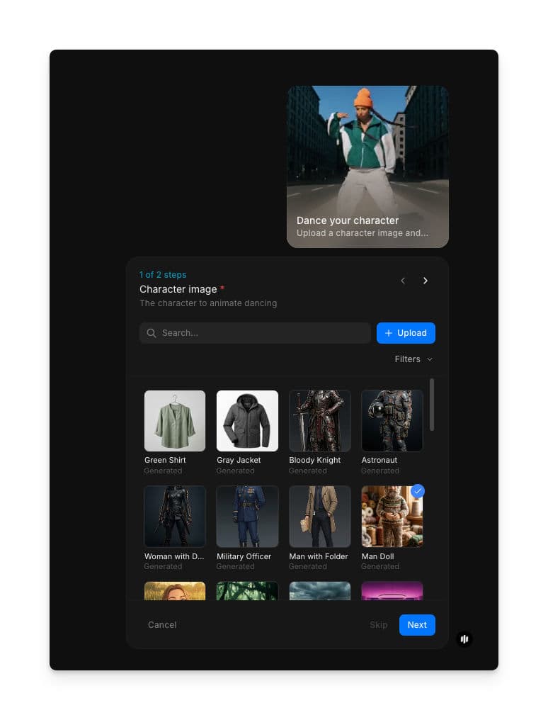 Dance your character workflow step 1 showing the Character image field with a searchable gallery of character images and an Upload button