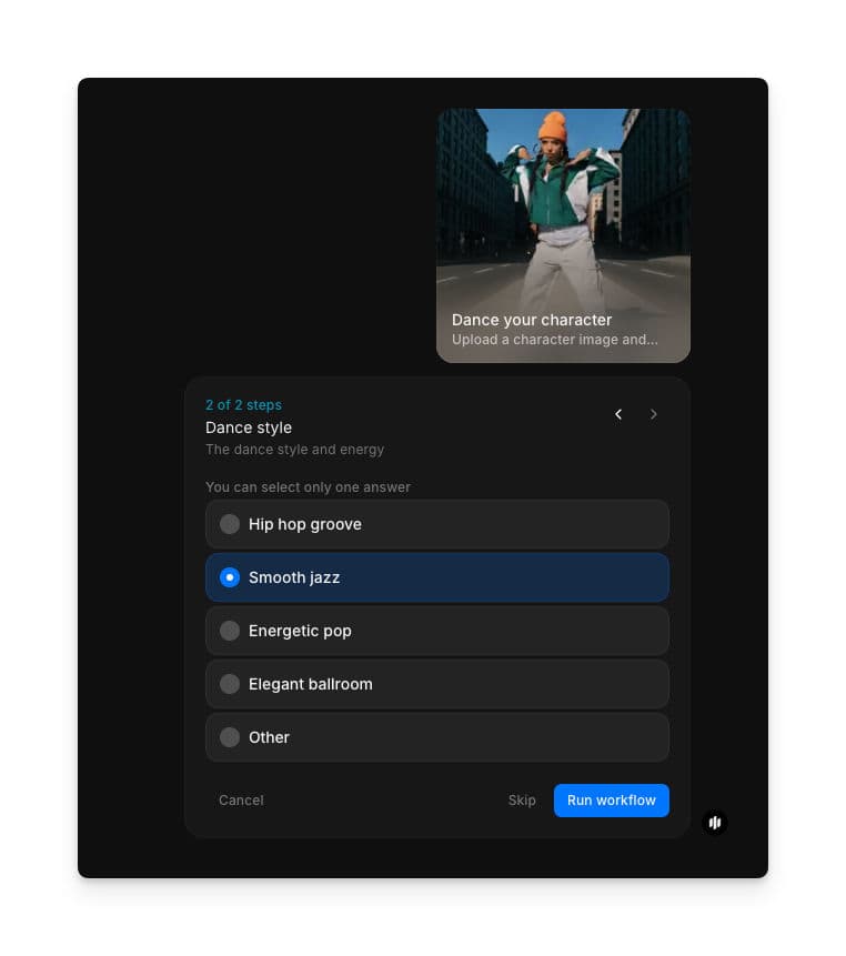 Dance style selection showing radio buttons for Hip hop groove, Smooth jazz, Energetic pop, Elegant ballroom, and Other with a Run workflow button