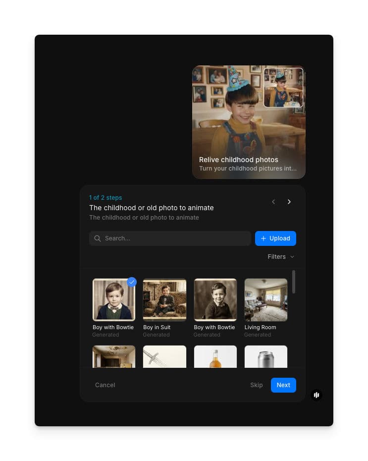 Relive childhood photos workflow step 1 showing the photo upload field with a searchable gallery of old photos and an Upload button