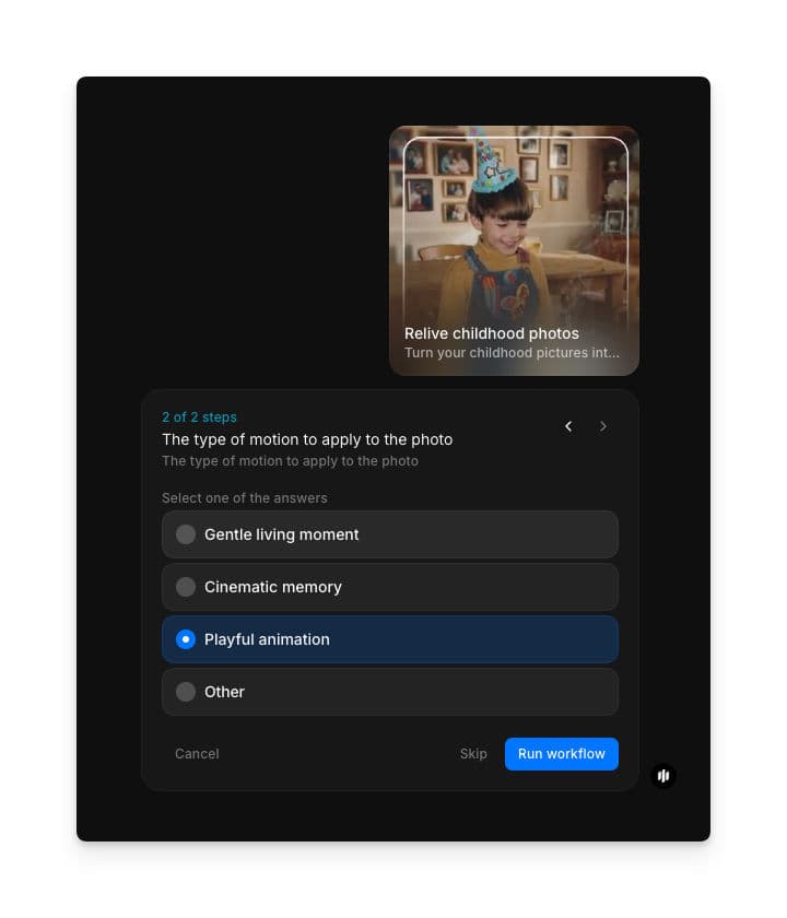 Motion type selection showing radio buttons for Gentle living moment, Cinematic memory, Playful animation, and Other with a Run workflow button