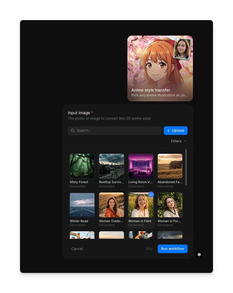Anime style transfer workflow showing the Input image field with a searchable gallery of photos and a Run workflow button