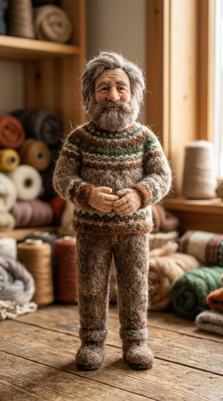 A felt wool figure of a bearded man in a knitted sweater standing in a yarn workshop, in portrait orientation