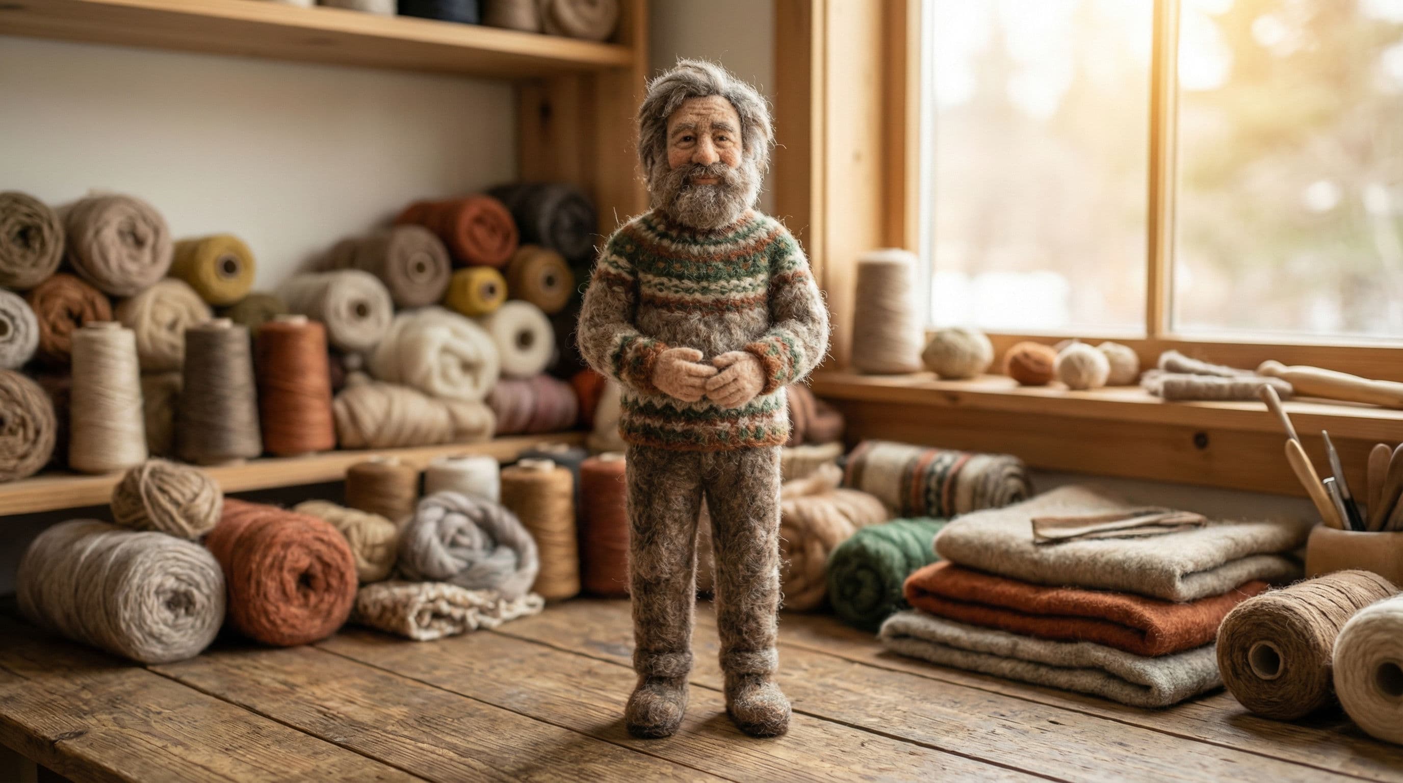 Same felt figure in 16:9 widescreen format with the yarn workshop background seamlessly extended to fill the wider frame