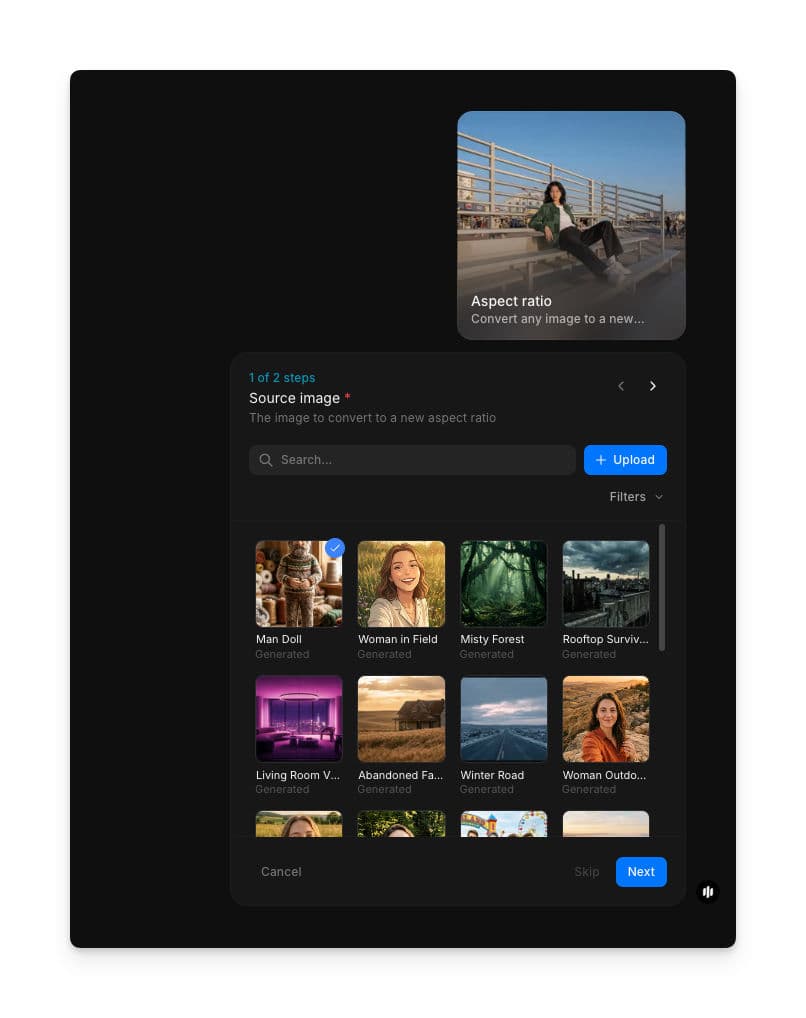 Aspect ratio workflow step 1 showing the Source image field with a searchable gallery of images and an Upload button