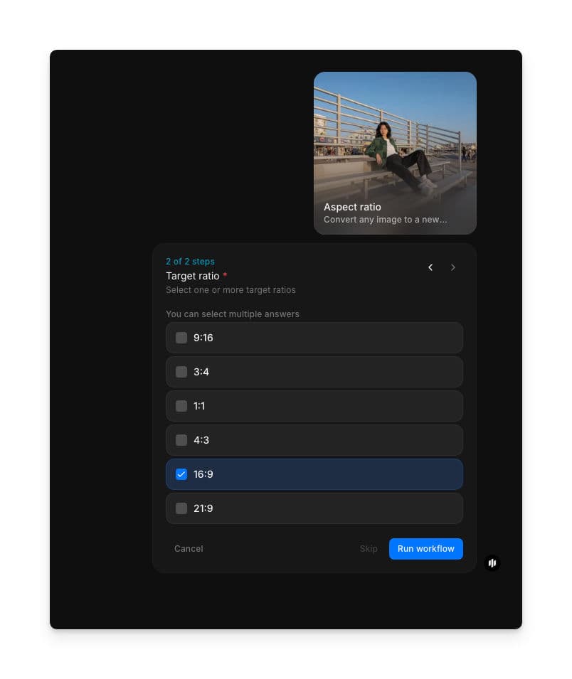 Target ratio selection showing checkboxes for 9:16, 3:4, 1:1, 4:3, 16:9 (checked), and 21:9 with a Run workflow button
