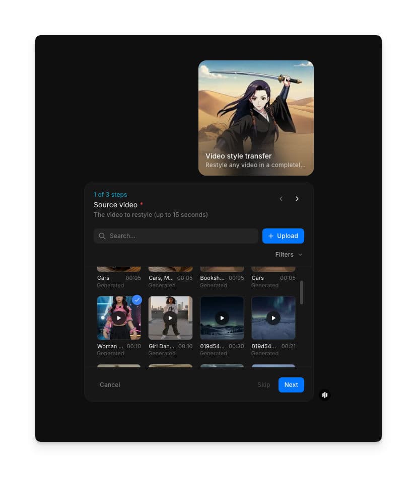 Video style transfer workflow step 1 showing the Source video field with a searchable gallery of video clips and an Upload button