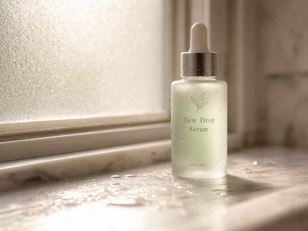 Skincare bottle labeled Dew Drop Serum on a marble bathroom countertop with frosted glass window