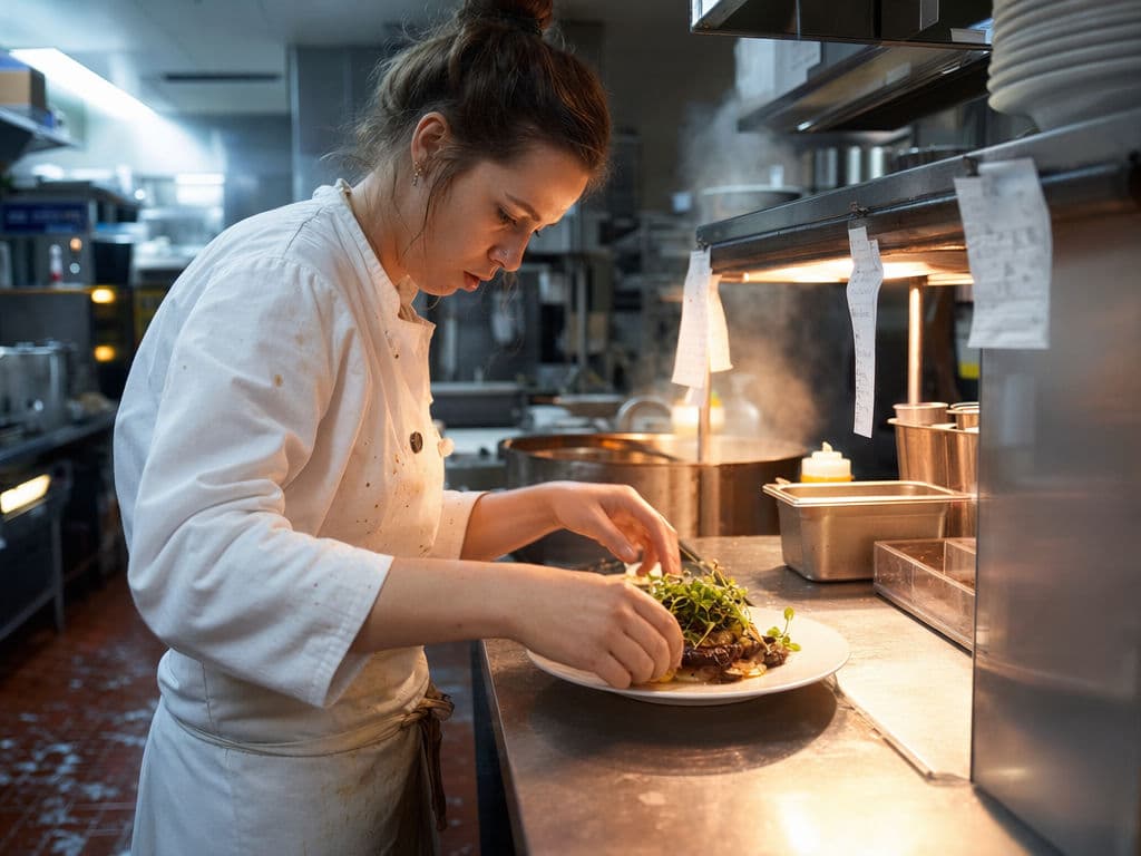 Photorealistic candid shot of a female chef plating a dish at a steel pass in a restaurant kitchen