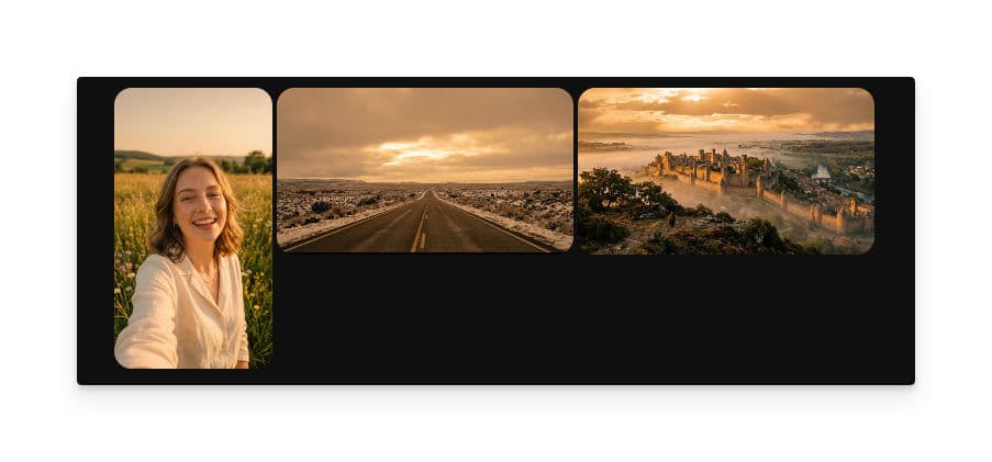 Three color-graded results displayed side by side: a portrait, a vineyard landscape, and a city skyline, all sharing a warm cinematic tone