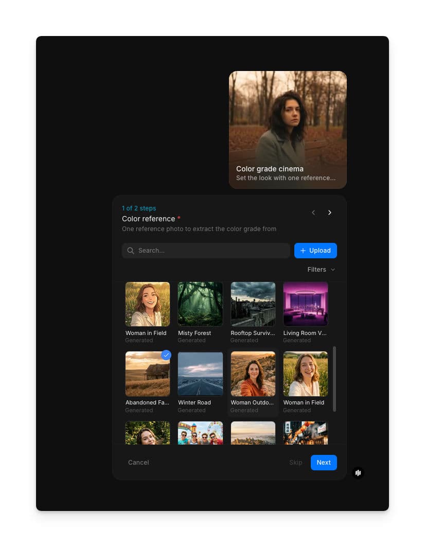 Color grade cinema workflow showing the Color reference step with a searchable gallery of reference images including landscapes, portraits, and scenes