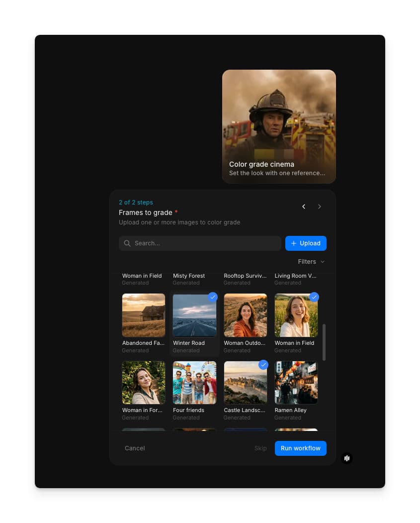 Frames to grade step showing a searchable gallery of images to select for color grading, with Upload and Run workflow buttons