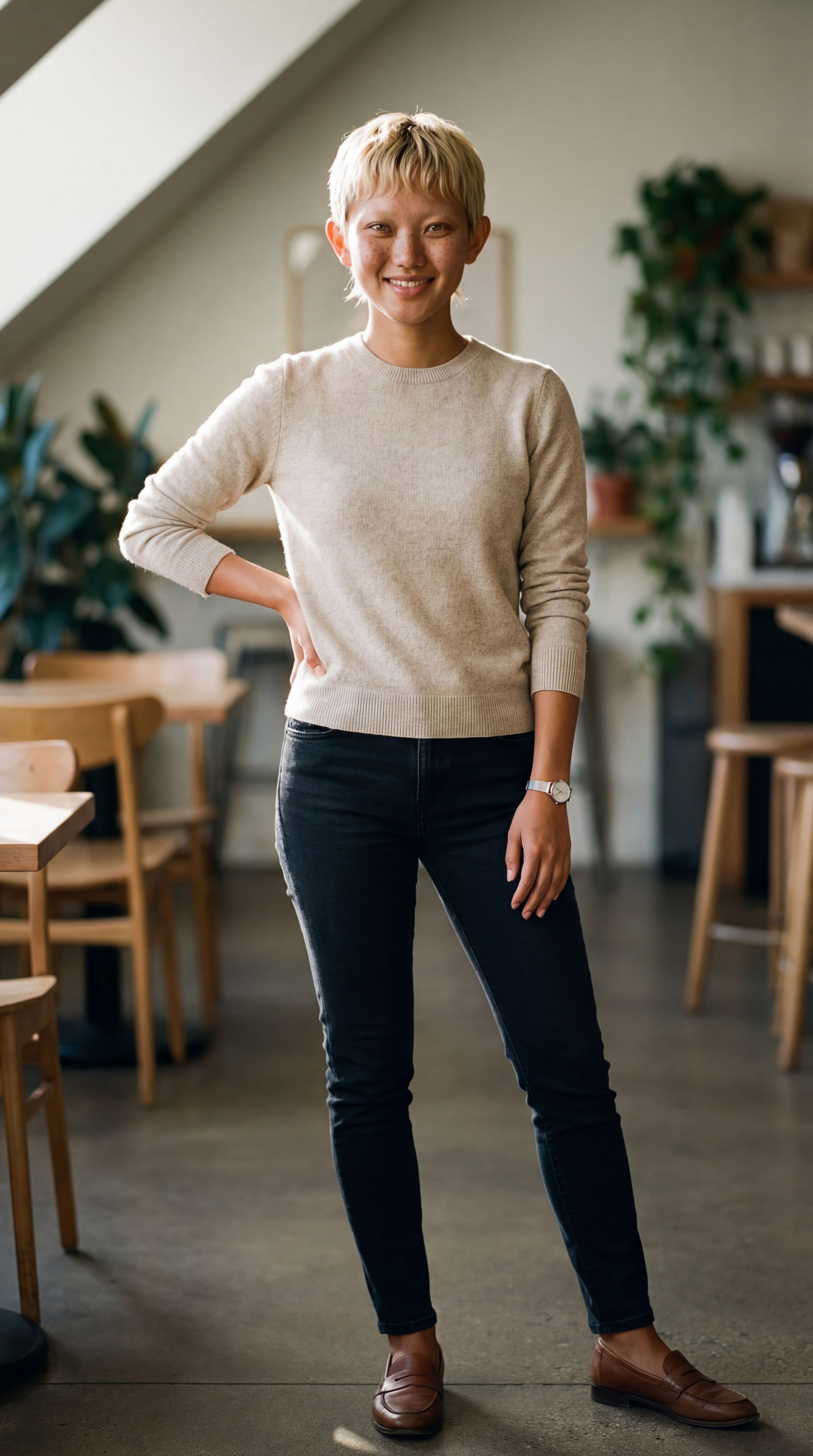 Generated AI influencer image showing a woman with a pixie cut in a beige sweater and dark jeans, standing in a bright cafe setting