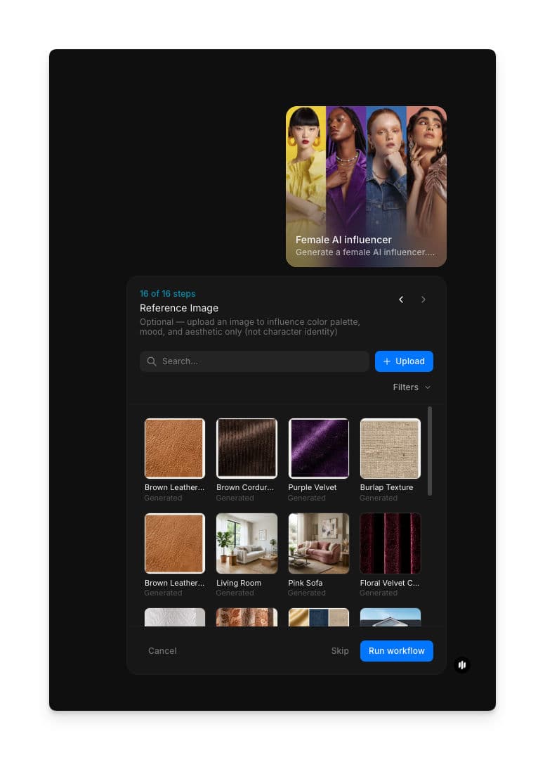 Reference image step showing a searchable gallery of style reference images with a Run workflow button