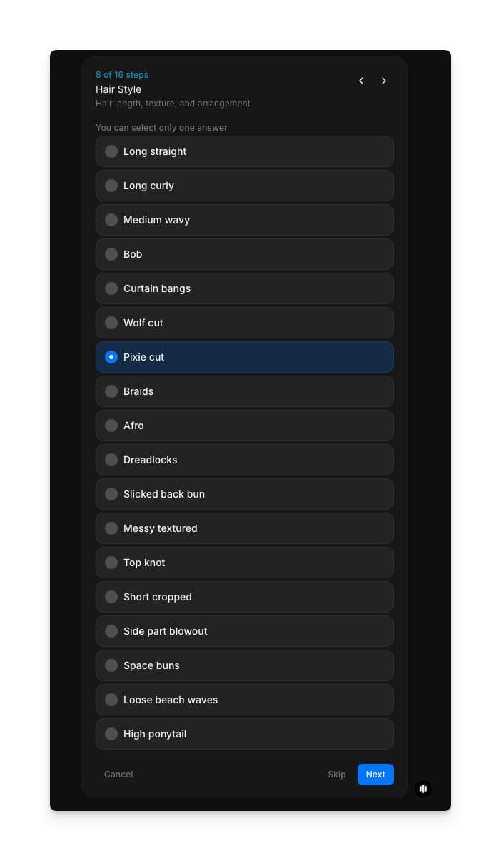 Hair Style selection showing an extensive list of radio buttons including Long straight, Long curly, Medium wavy, Bob, Pixie cut, Braids, Afro, and many more options