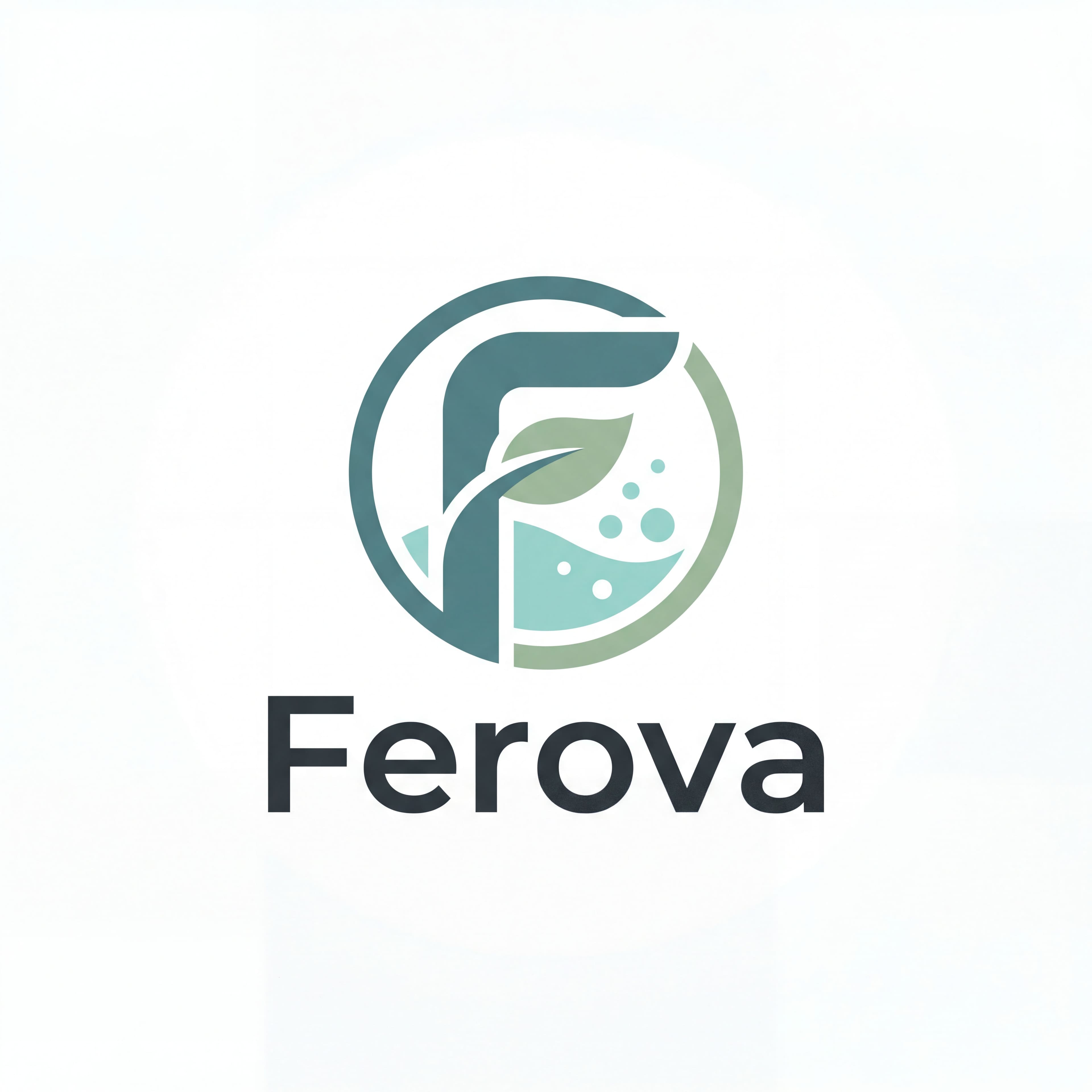 Generated Ferova logo featuring a stylized F with leaf and bubble elements inside a circle, in teal and sage green