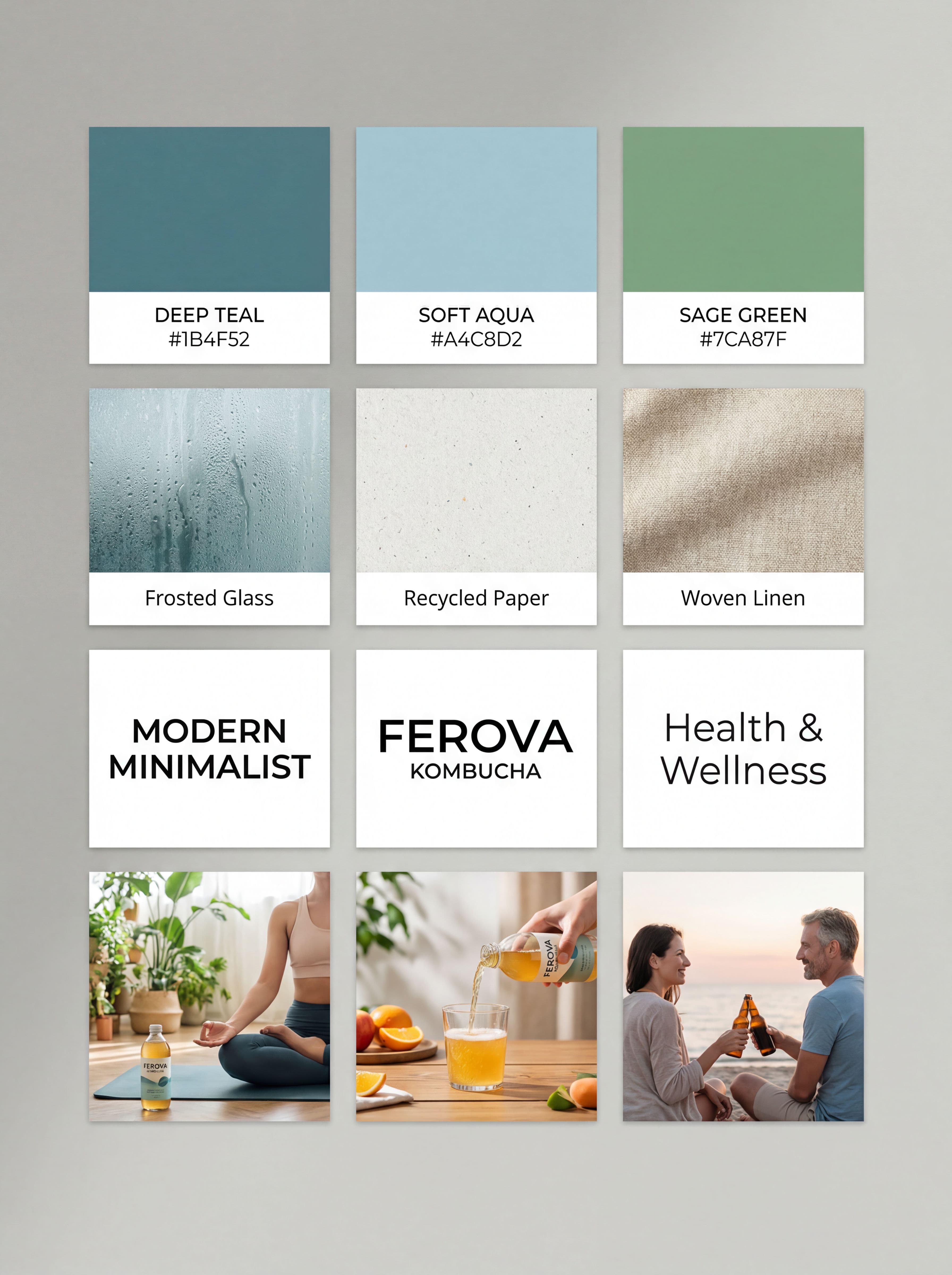 Ferova brand mood board showing a 3x4 grid with Deep Teal, Soft Aqua, and Sage Green color swatches with hex codes, texture references for Frosted Glass, Recycled Paper, and Woven Linen, typography samples, and lifestyle imagery