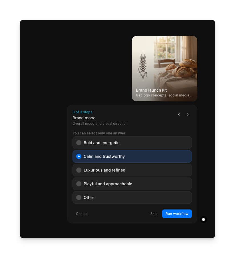 Brand mood selection showing radio buttons for Bold and energetic, Calm and trustworthy, Luxurious and refined, Playful and approachable, and Other with a Run workflow button