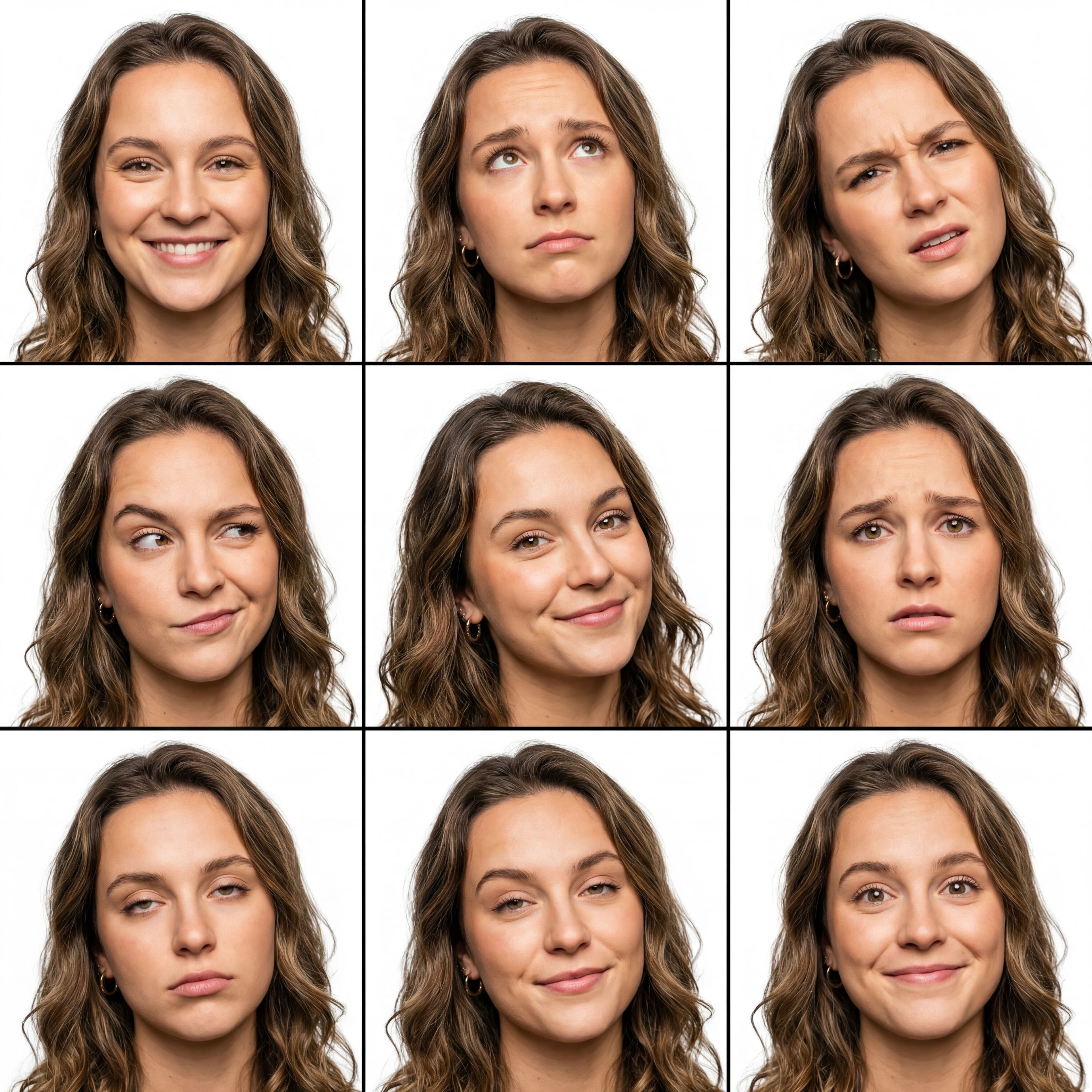 Generated expression sheet showing nine distinct facial expressions of the same woman arranged in a 3x3 grid on white backgrounds, displaying a range from smiling to concerned to contemplative
