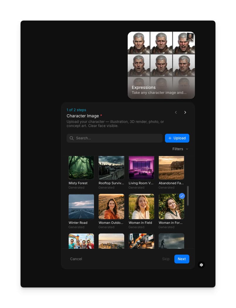 Expressions workflow step 1 showing the Character image field with a searchable gallery of character images and an Upload button