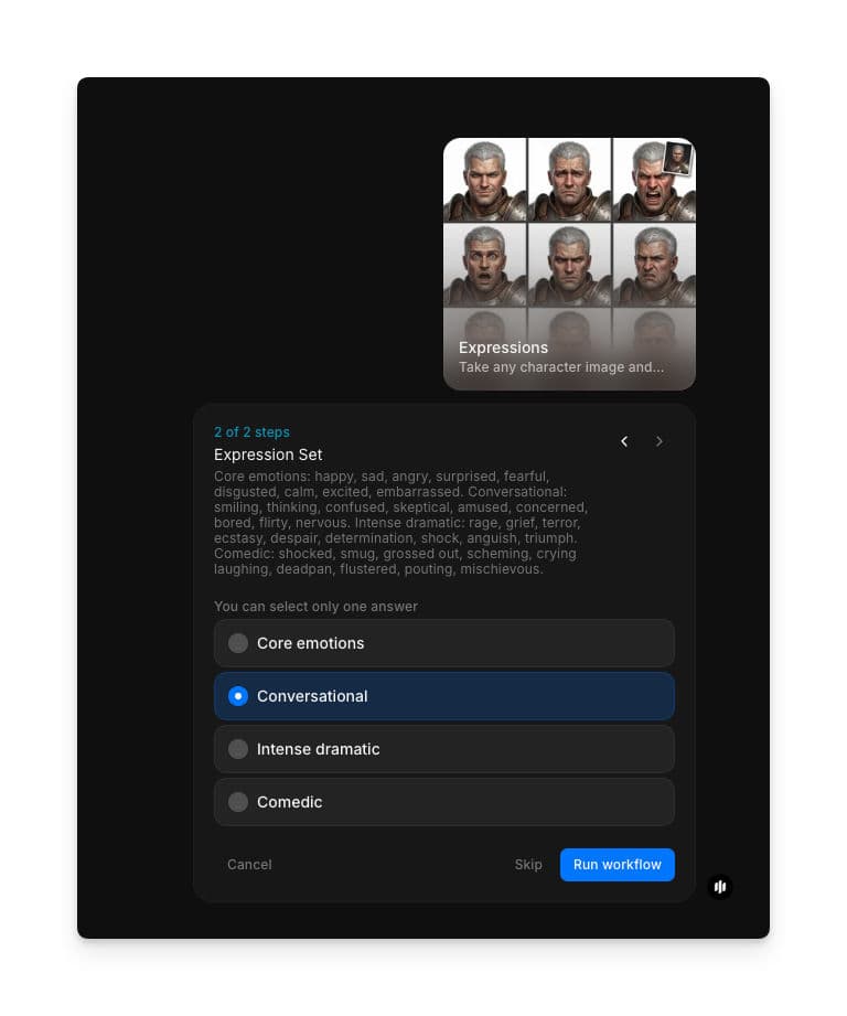 Expression Set selection showing radio buttons for Core emotions, Conversational, Intense dramatic, and Comedic with a Run workflow button