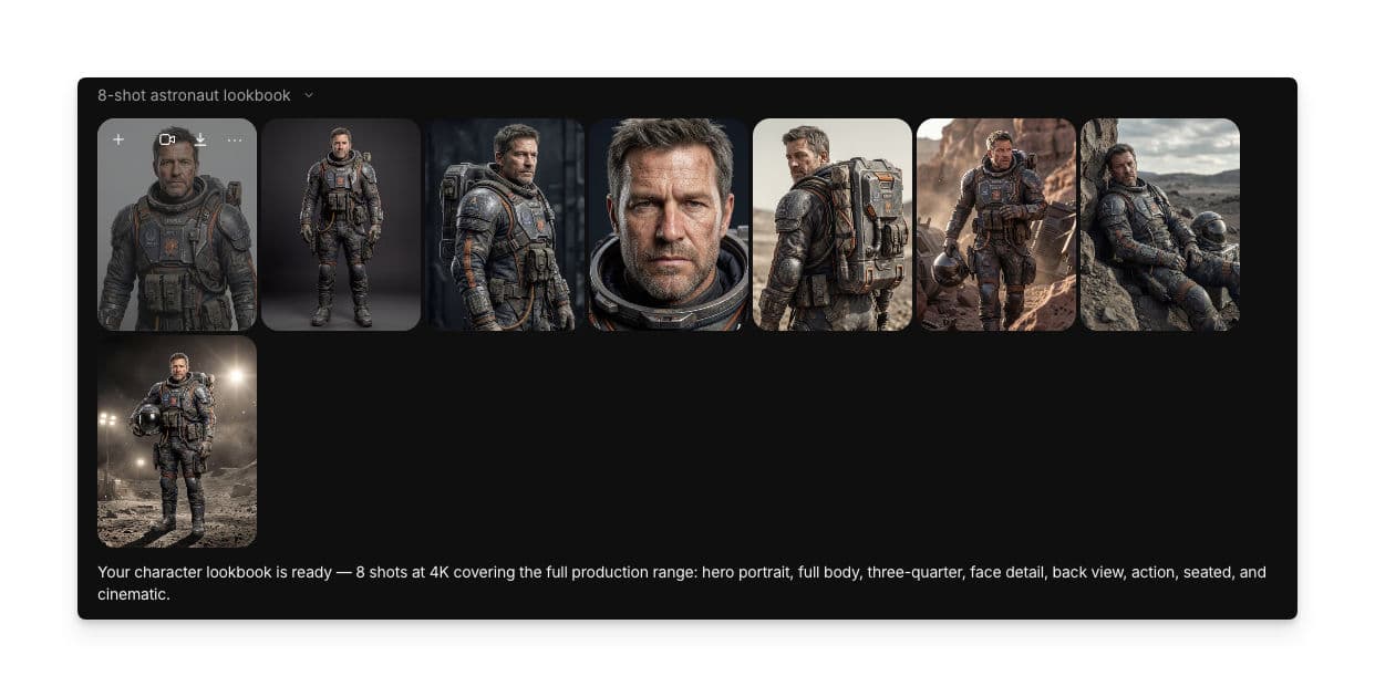 Generated character look book showing eight images of a rugged male character in tactical military costume across different compositions: hero portrait, full body, three-quarter, face detail, back view, action pose, seated, and cinematic shot