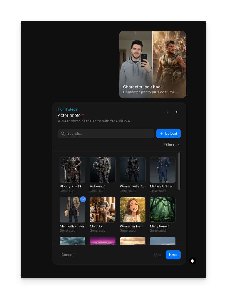 Character look book workflow step 1 showing the Actor photo field with a searchable gallery of character images and an Upload button