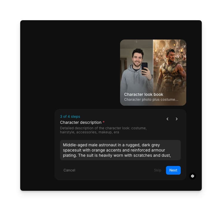 Character description step showing a text field with a detailed character and costume description entered