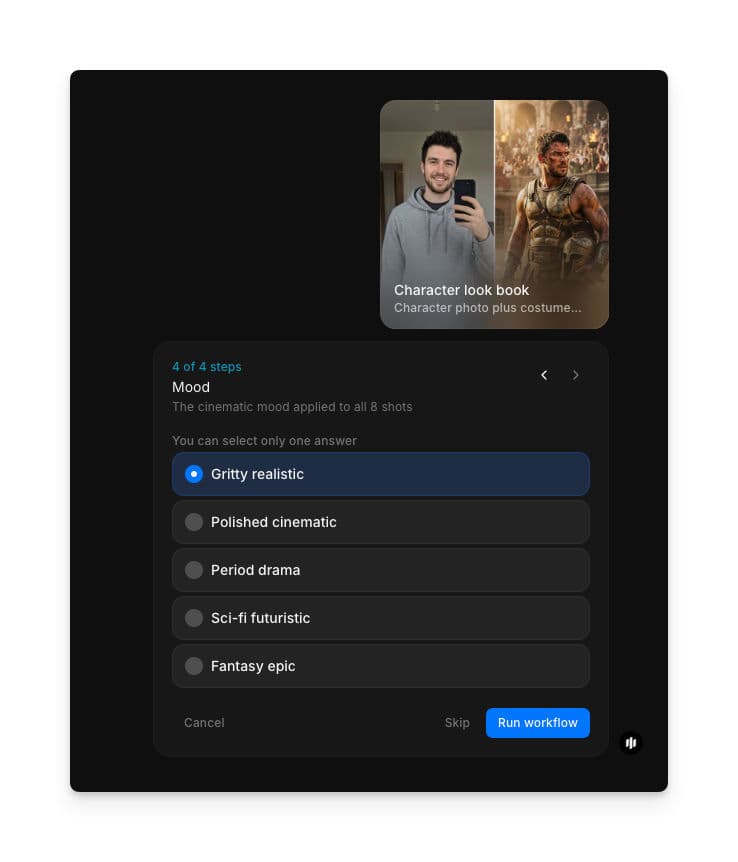 Mood selection showing radio buttons for Gritty realistic, Polished cinematic, Period drama, Sci-fi futuristic, and Fantasy epic with a Run workflow button