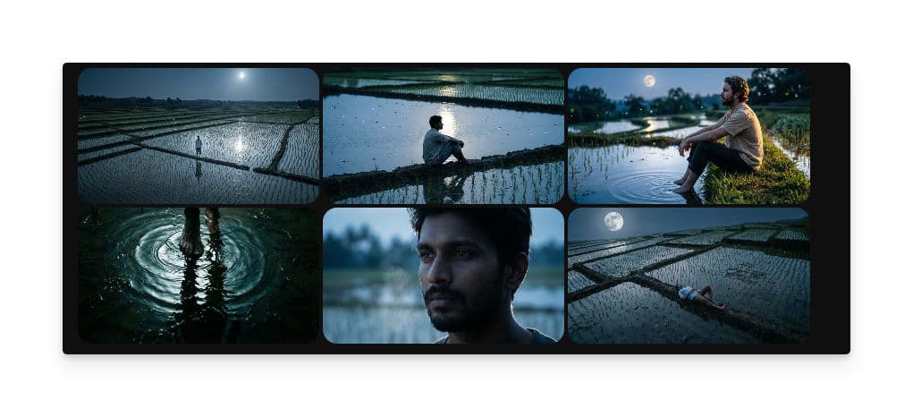 Generated six-panel cinematic storyboard showing a moonlit paddy field scene with varied shot angles including wide landscape, medium shots, a close-up portrait, and atmospheric compositions in cool blue tones