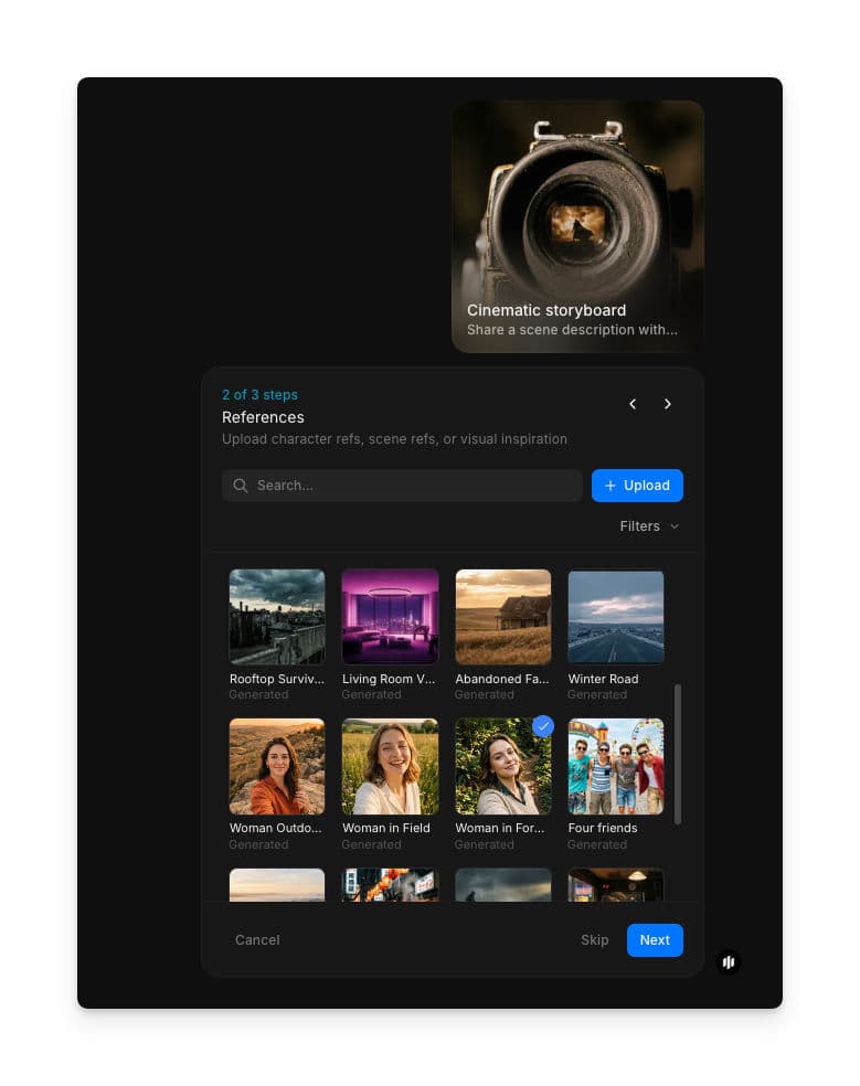 References step showing a searchable gallery of character and location reference images with Upload and Filters buttons