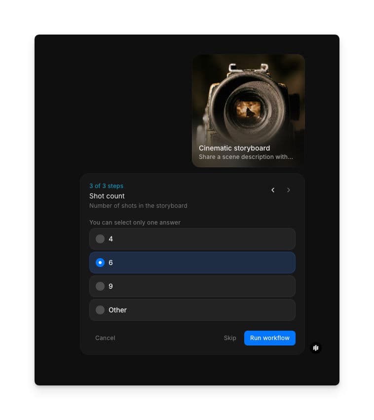 Shot count selection showing radio buttons for 4, 6, 9, and Other with a Run workflow button