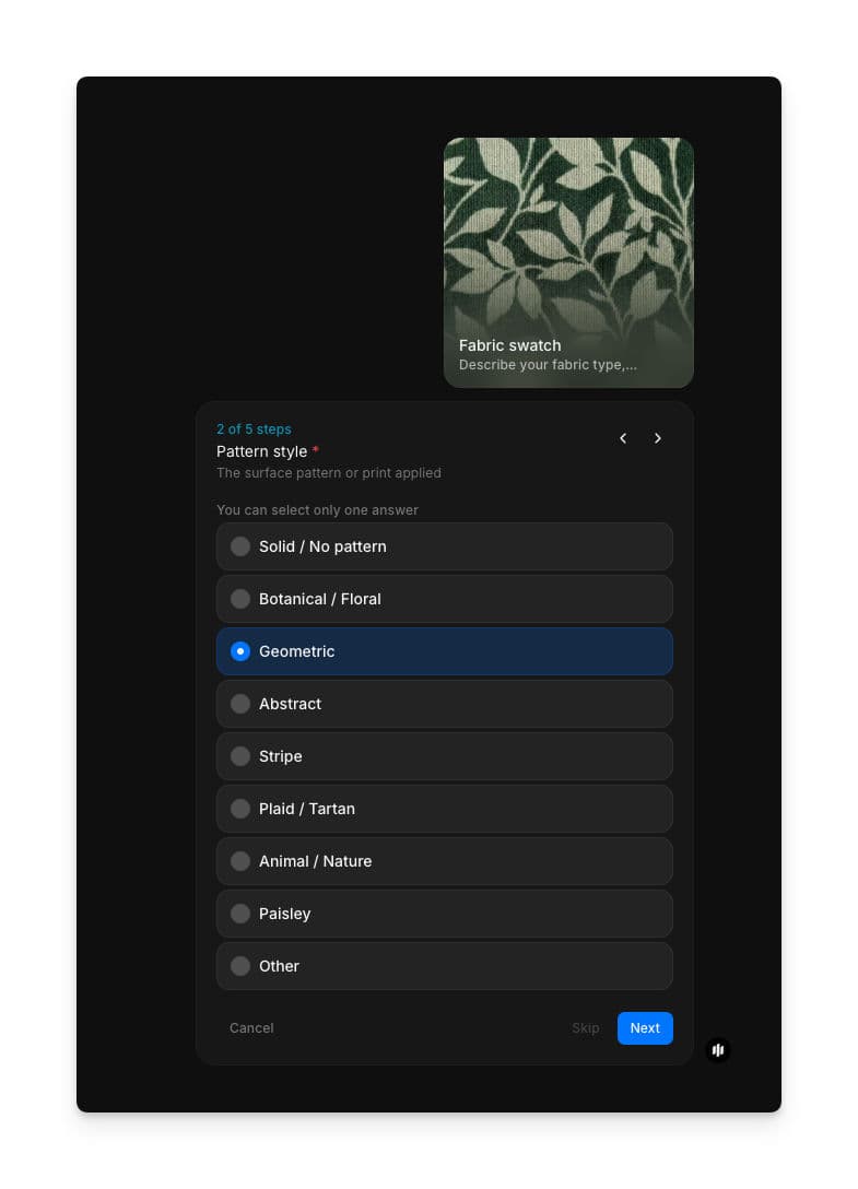 Pattern style selection showing radio buttons for Solid / No pattern, Botanical / Floral, Geometric, Abstract, Stripe, Plaid / Tartan, Animal, Paisley, and Other