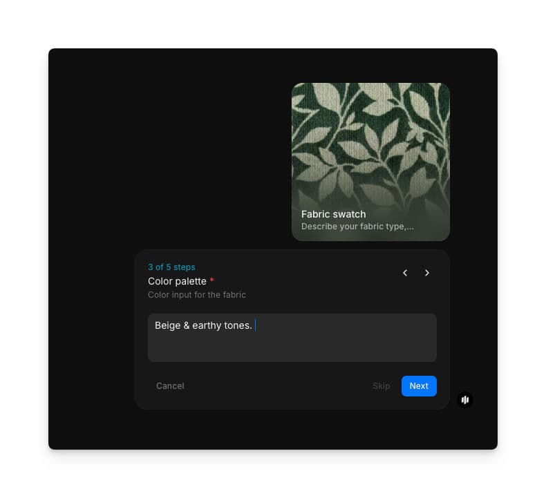 Color palette step showing a text field with 'Beige & earthy tones.' entered as the color input