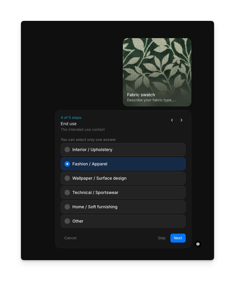 End use selection showing radio buttons for Interior / Upholstery, Fashion / Apparel, Wallpaper / Surface design, Technical / Sportswear, Home / Soft furnishing, and Other