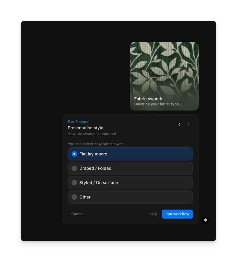 Presentation style selection showing radio buttons for Flat lay macro, Draped / Folded, Styled / On surface, and Other with a Run workflow button
