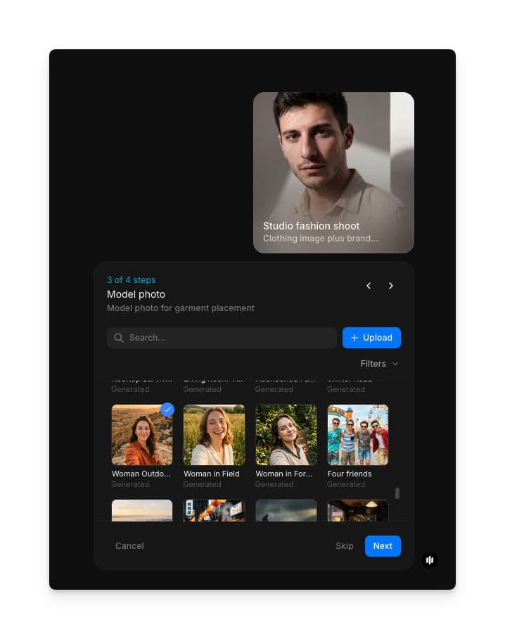 Model photo step showing a searchable gallery of model portraits with an Upload button