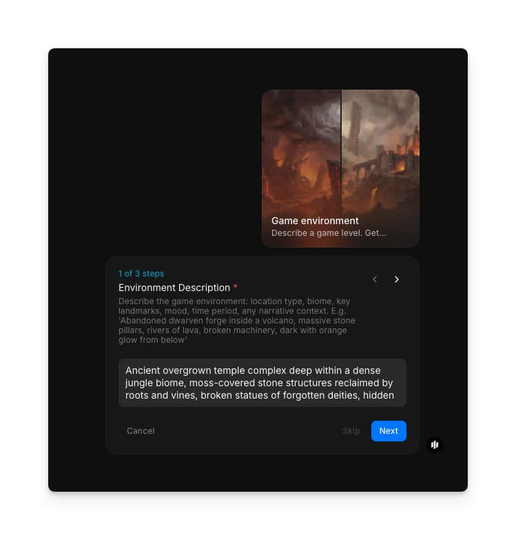 Game environment workflow step 1 showing the Environment Description text area with a detailed scene description about an ancient temple complex