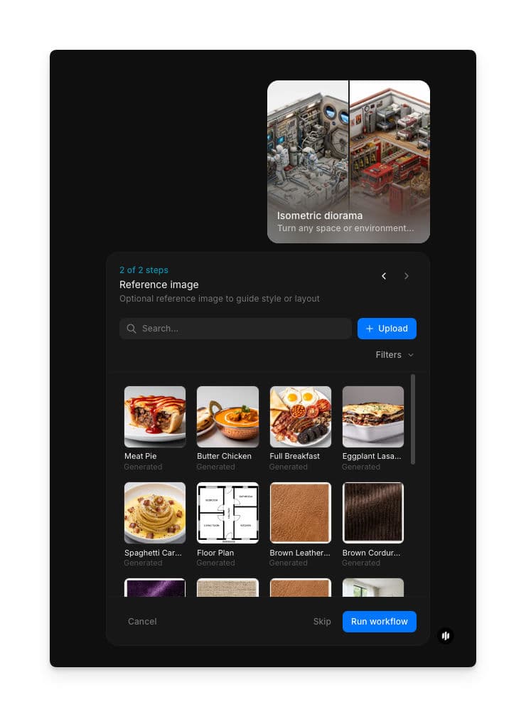 Reference image step showing a searchable gallery of style and material reference images with Upload and Run workflow buttons
