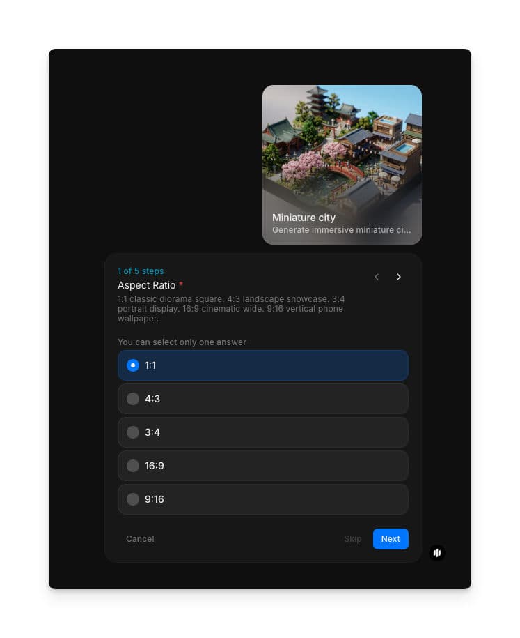 Aspect Ratio selection showing radio buttons for 1:1, 4:3, 3:4, 16:9, and 9:16