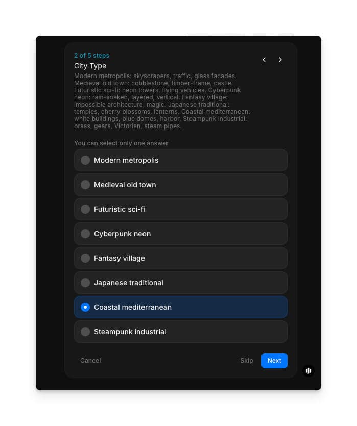 City Type selection showing radio buttons for Modern metropolis, Medieval old town, Futuristic sci-fi, Cyberpunk neon, Fantasy village, Japanese traditional, Coastal mediterranean, and Steampunk industrial