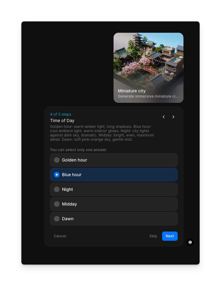 Time of Day selection showing radio buttons for Golden hour, Blue hour, Night, Midday, and Dawn