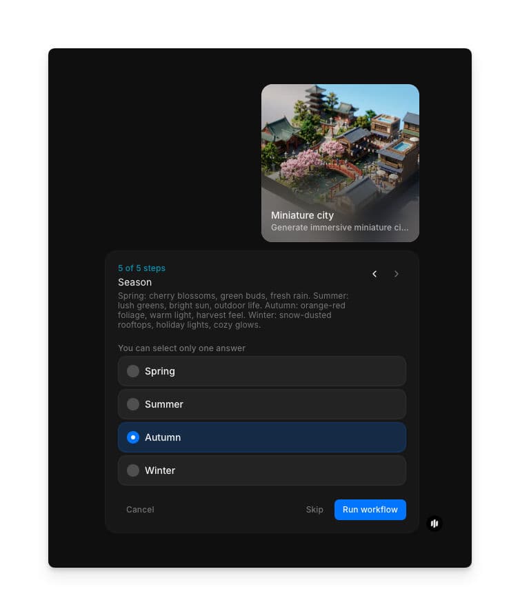 Season selection showing radio buttons for Spring, Summer, Autumn, and Winter with a Run workflow button
