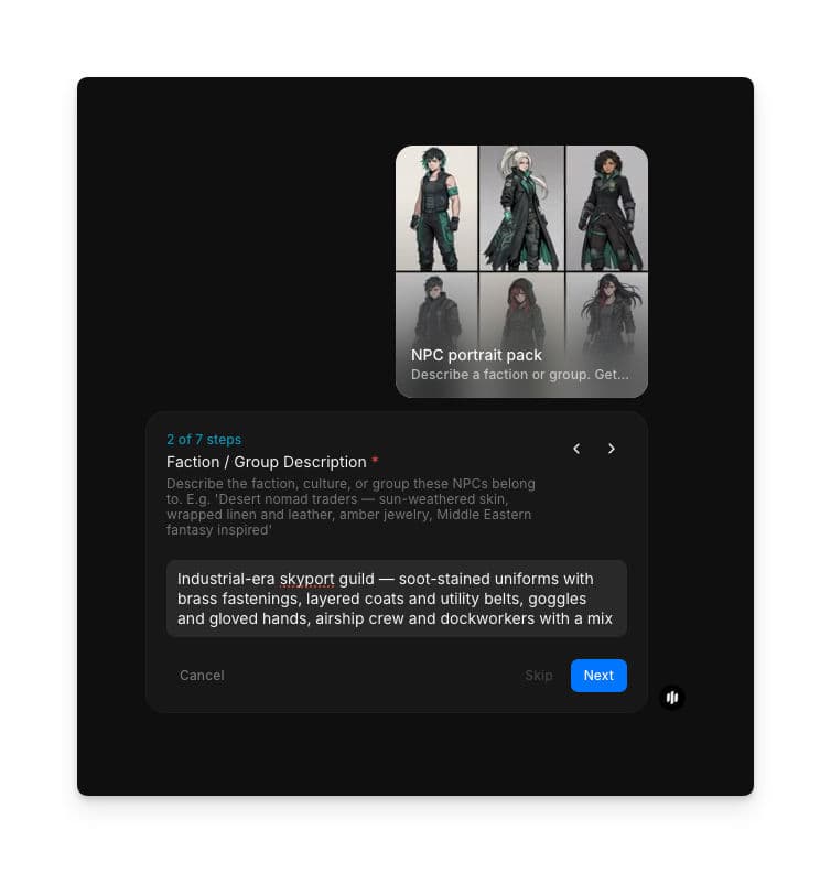 Faction / Group Description step showing a text area with a detailed faction description