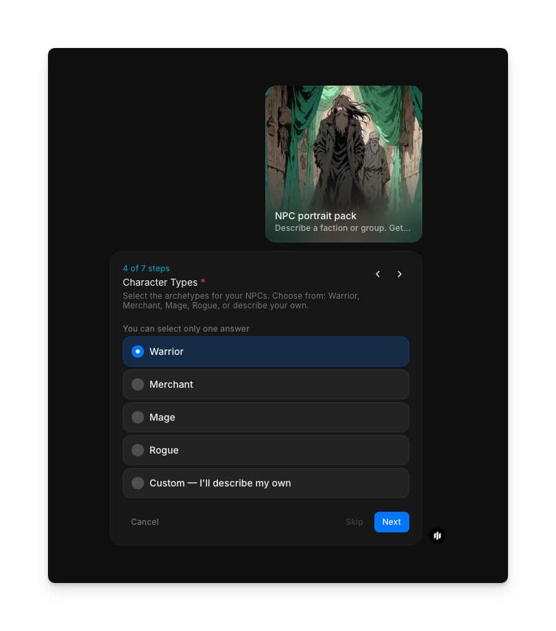 Character Types selection showing checkboxes for Warrior, Merchant, Mage, Rogue, and Custom
