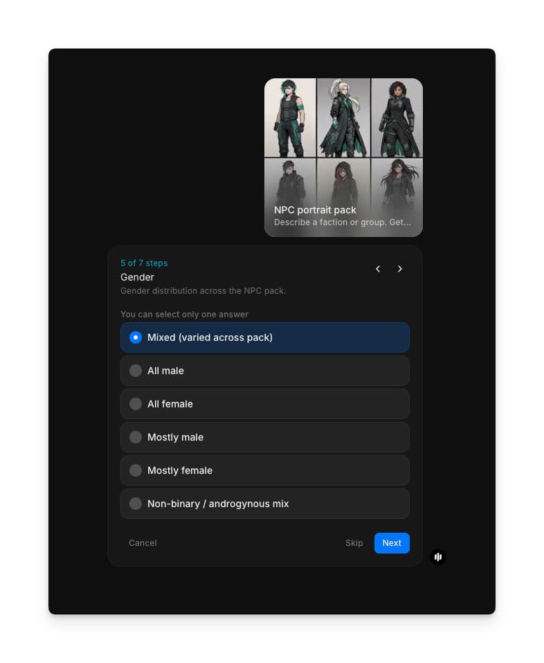 Gender selection showing radio buttons for Mixed, All male, All female, Mostly male, Mostly female, and Non-binary / androgynous mix