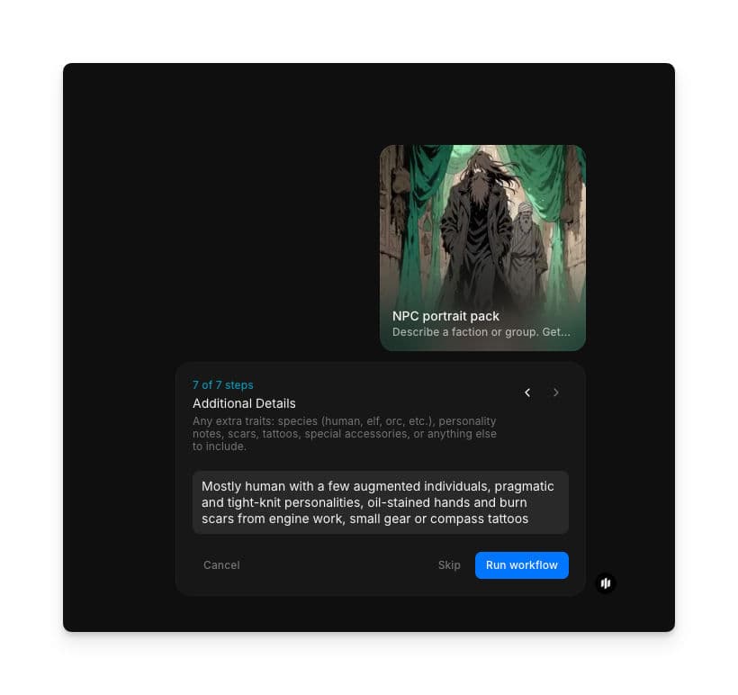 Additional Details step showing a text area for extra character notes with a Run workflow button