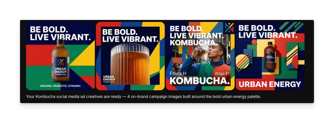 Four generated social media ad creatives for a Kombucha brand featuring bold blue and yellow designs with 'BE BOLD. LIVE VIBRANT.' tagline