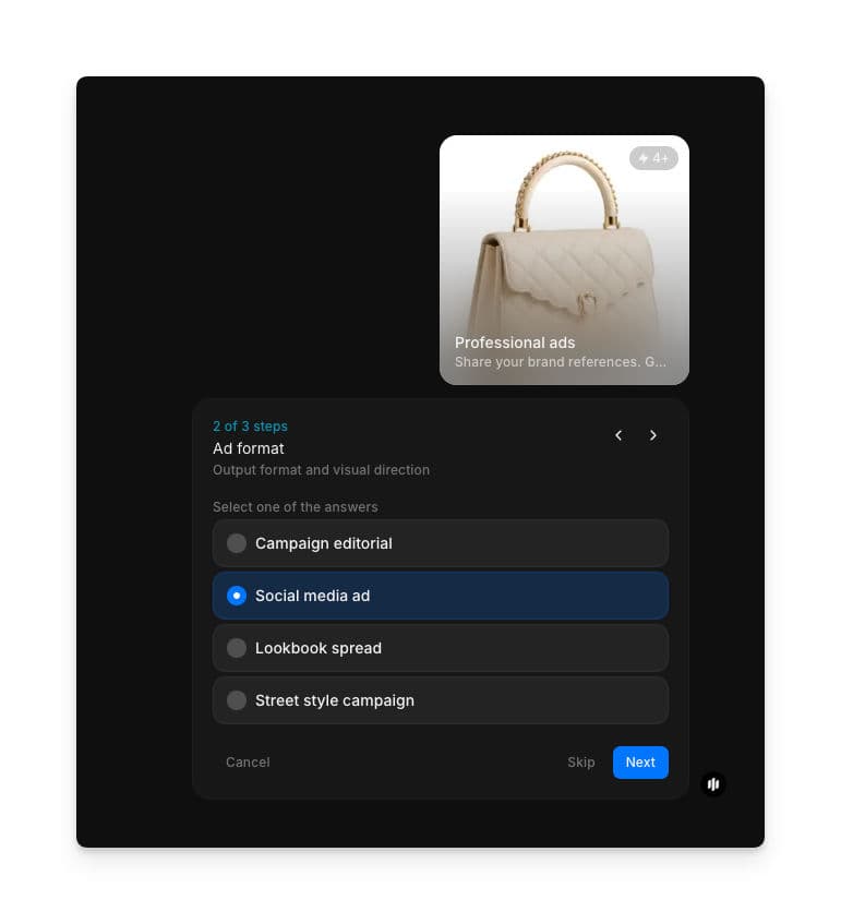 Ad format selection showing radio buttons for Campaign editorial, Social media ad, Lookbook spread, and Street style campaign