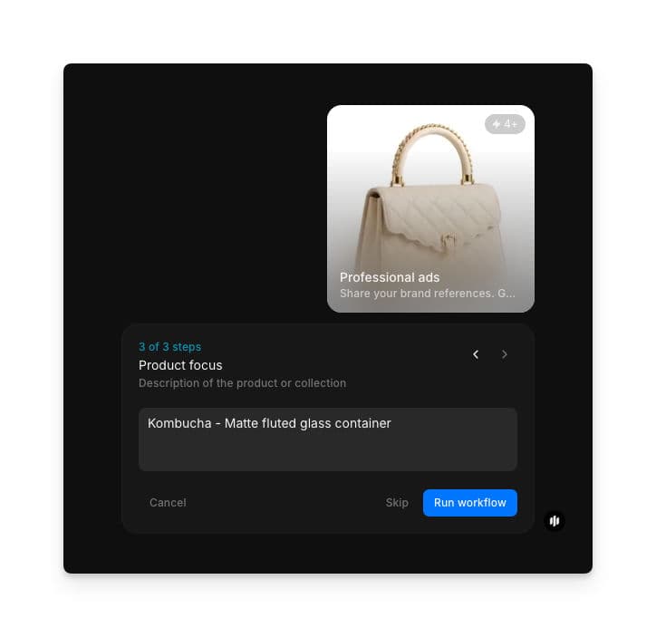 Product focus step showing a text field with 'Kombucha – Matte fluted glass container' entered and a Run workflow button