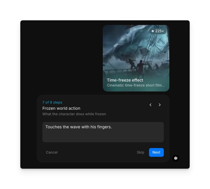 Time-freeze effect workflow step 7 showing the frozen world action field with the prompt Touches the wave with his fingers